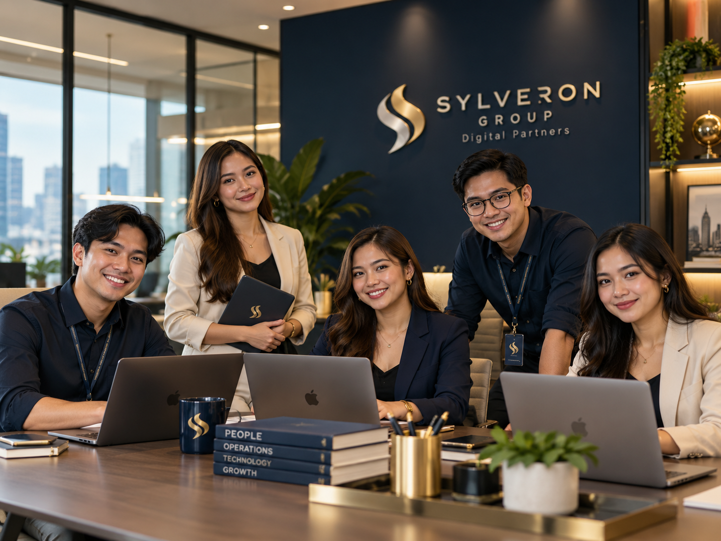 Team of Filipino virtual operations professionals in a Sylveron Group branded office