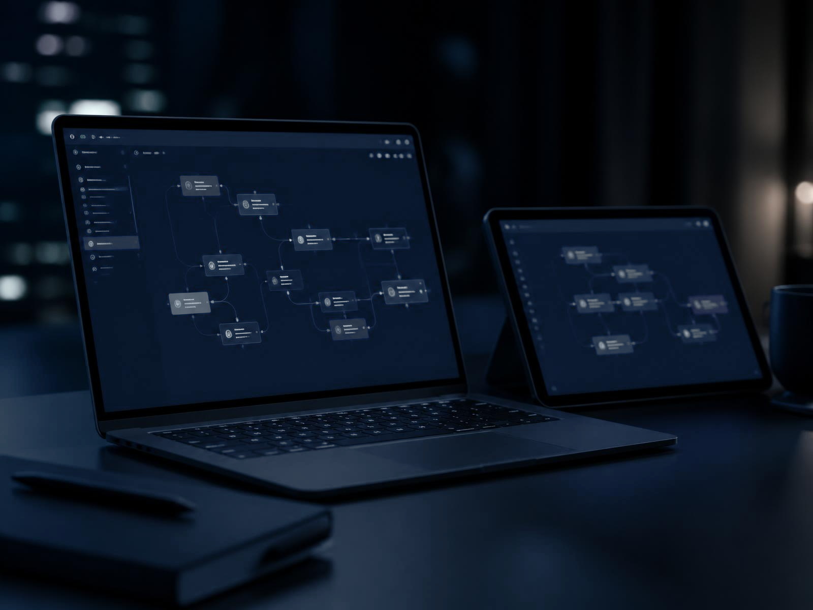 Operations specialist mapping an automated workflow across connected systems