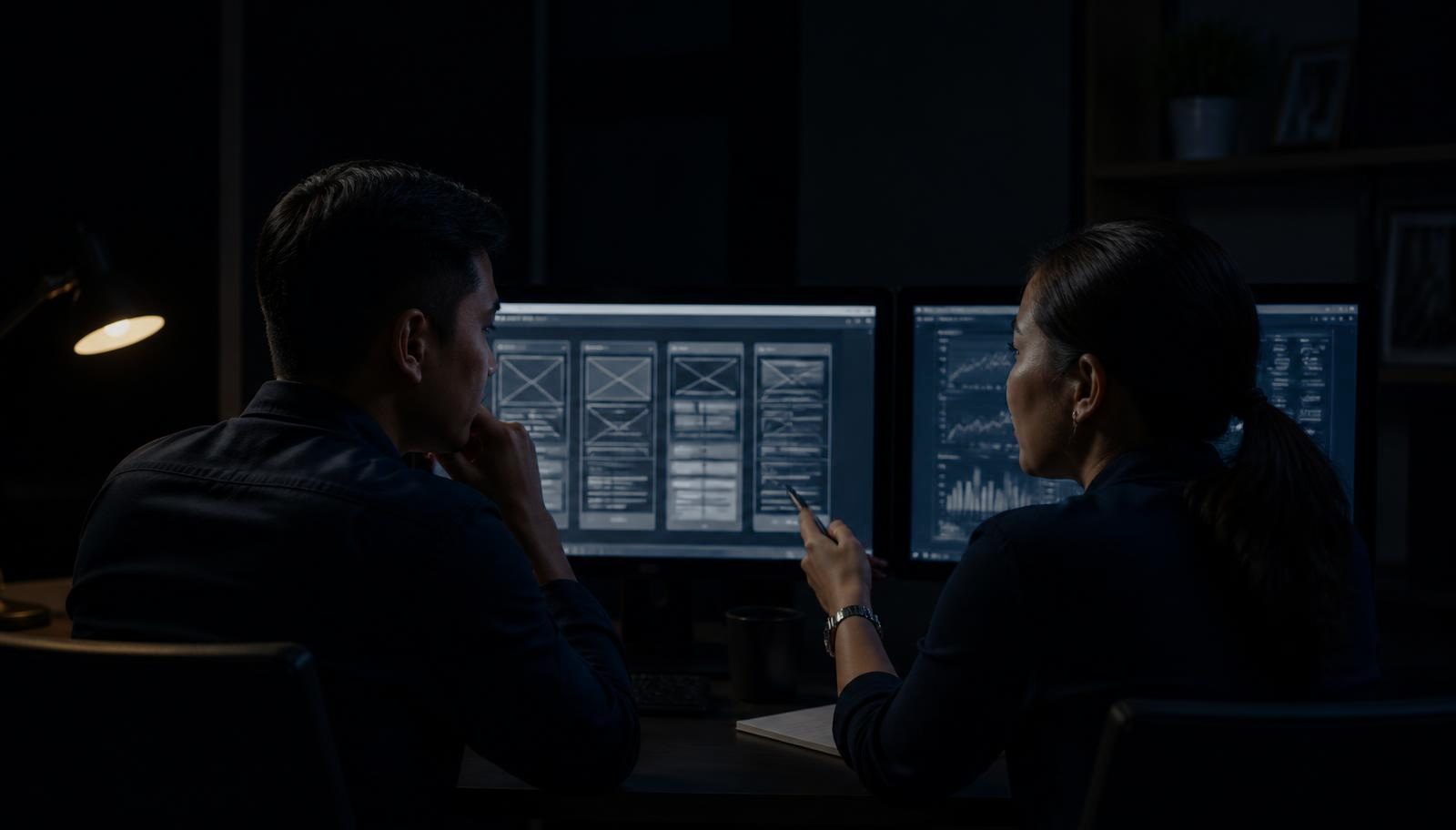 Digital team reviewing website performance and system dashboards in a modern studio