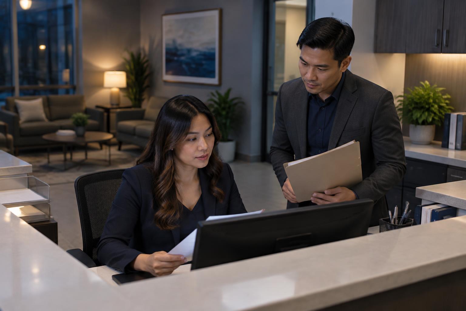Illustrative Filipino administrative professionals coordinating appointments at a practice reception desk
