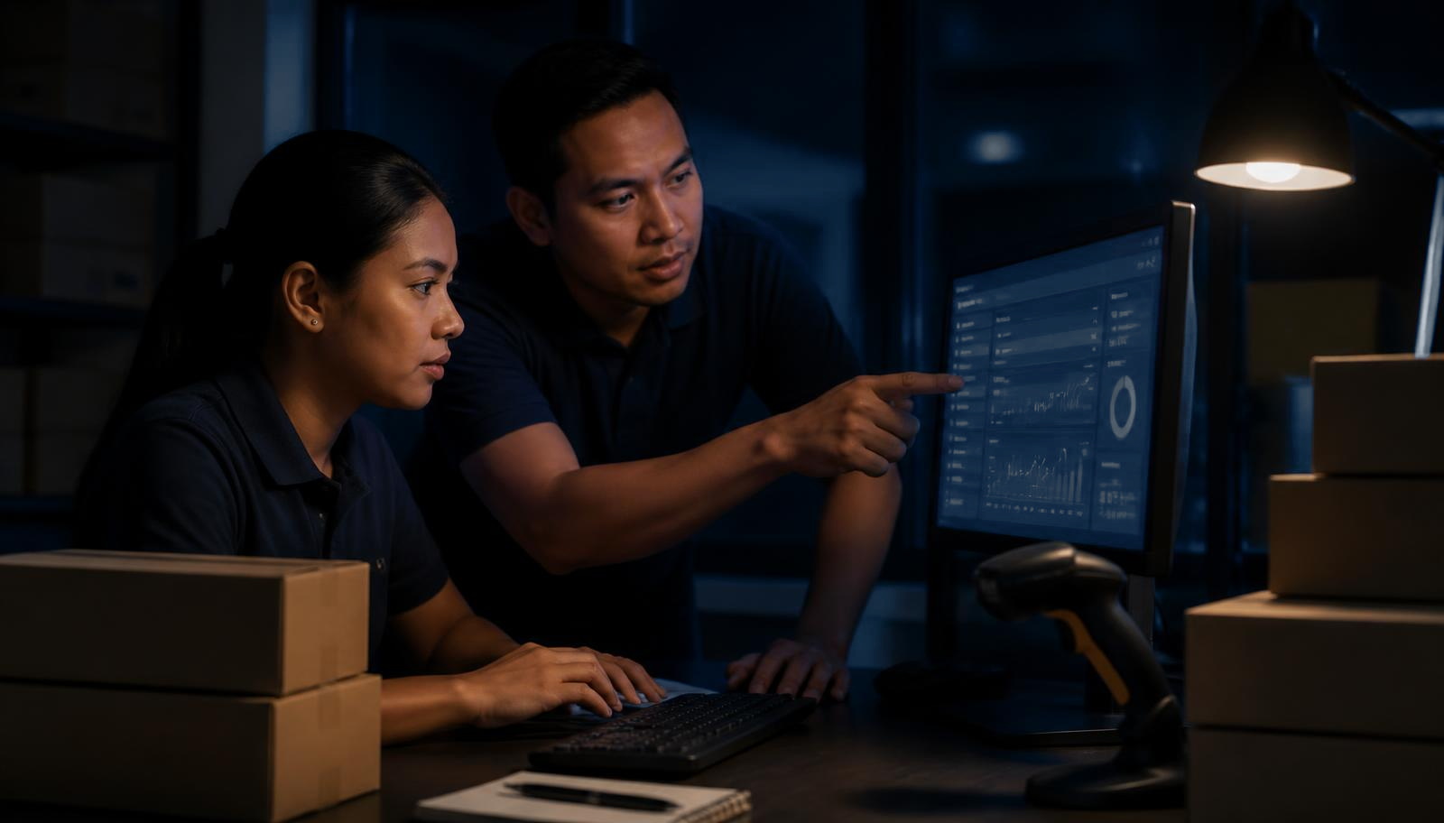 E-commerce operations specialist reviewing customer orders on dual monitors beside packaging and shipping labels