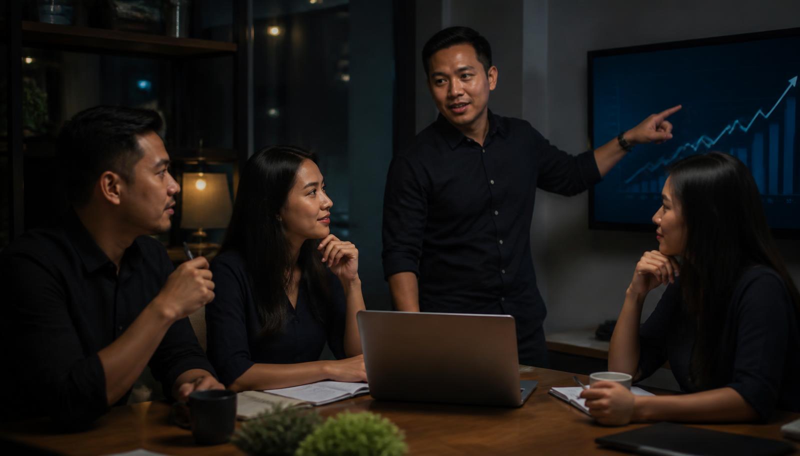 Small business team mapping a customer journey on a whiteboard in a warmly lit loft office at night