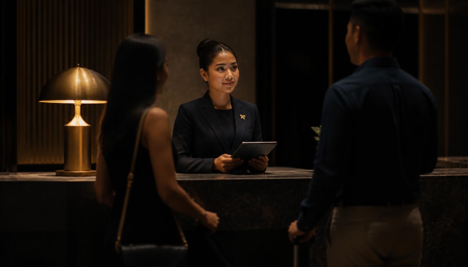 Hotel receptionist coordinating guest arrivals on a tablet in a dark, warmly lit boutique hotel lobby