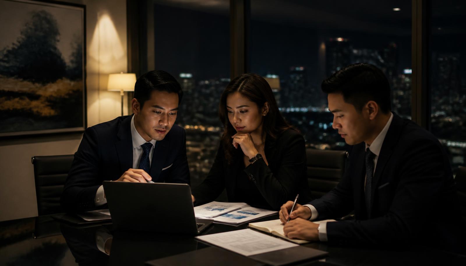Three advisors reviewing client documents and a CRM dashboard in a dark professional services meeting room