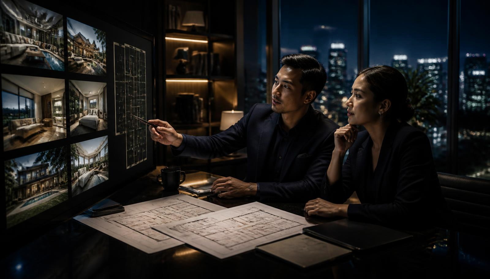Two real estate professionals reviewing property listings and floor plans on screen in a dark office at dusk